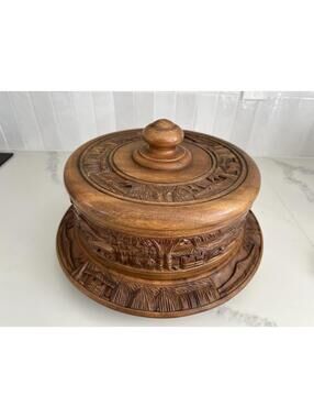 CAKE, Wooden Cake Stand w/Cover Vintage Asian Hand Carved  Crafted Lazy Susan